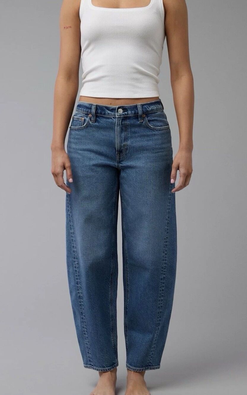American Eagle Barrel Stretch Jeans Women’s 10 High Rise Medium Wash Baggy Denim